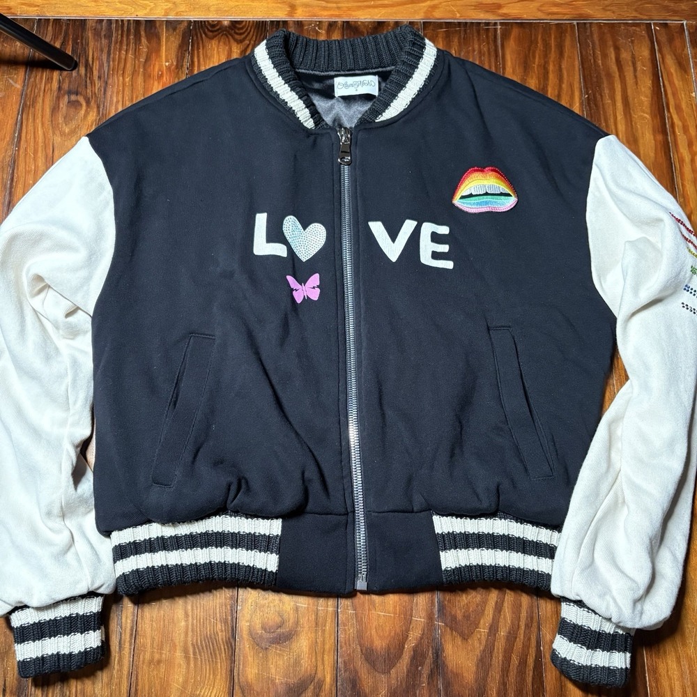 Lauren Moshi Tasha Rainbow Lip Bomber Jacket Love Bling Butterfly Cute Sz S A863